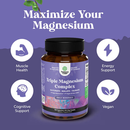 Triple Magnesium Complex Supplement - High Absorption Magnesium Glycinate, Malate & Taurate Blend for Muscles Energy Support & Heart Health - Triple Mg Complex 400 mg Capsules - 180 Count