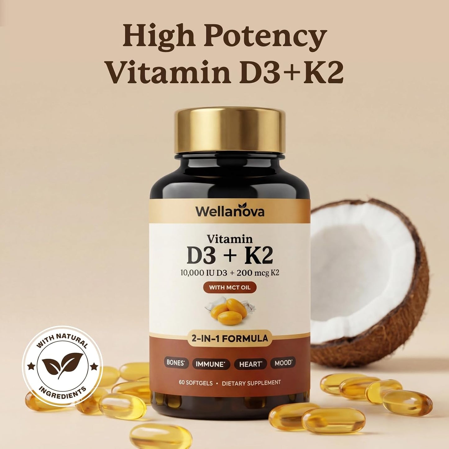 Vitamin D3 K2 10,000 IU – Pure 2-in-1 Vitamin Supplement for Men & Women | MK-7 200 Mcg With Coconut Oil, 60 Softgels