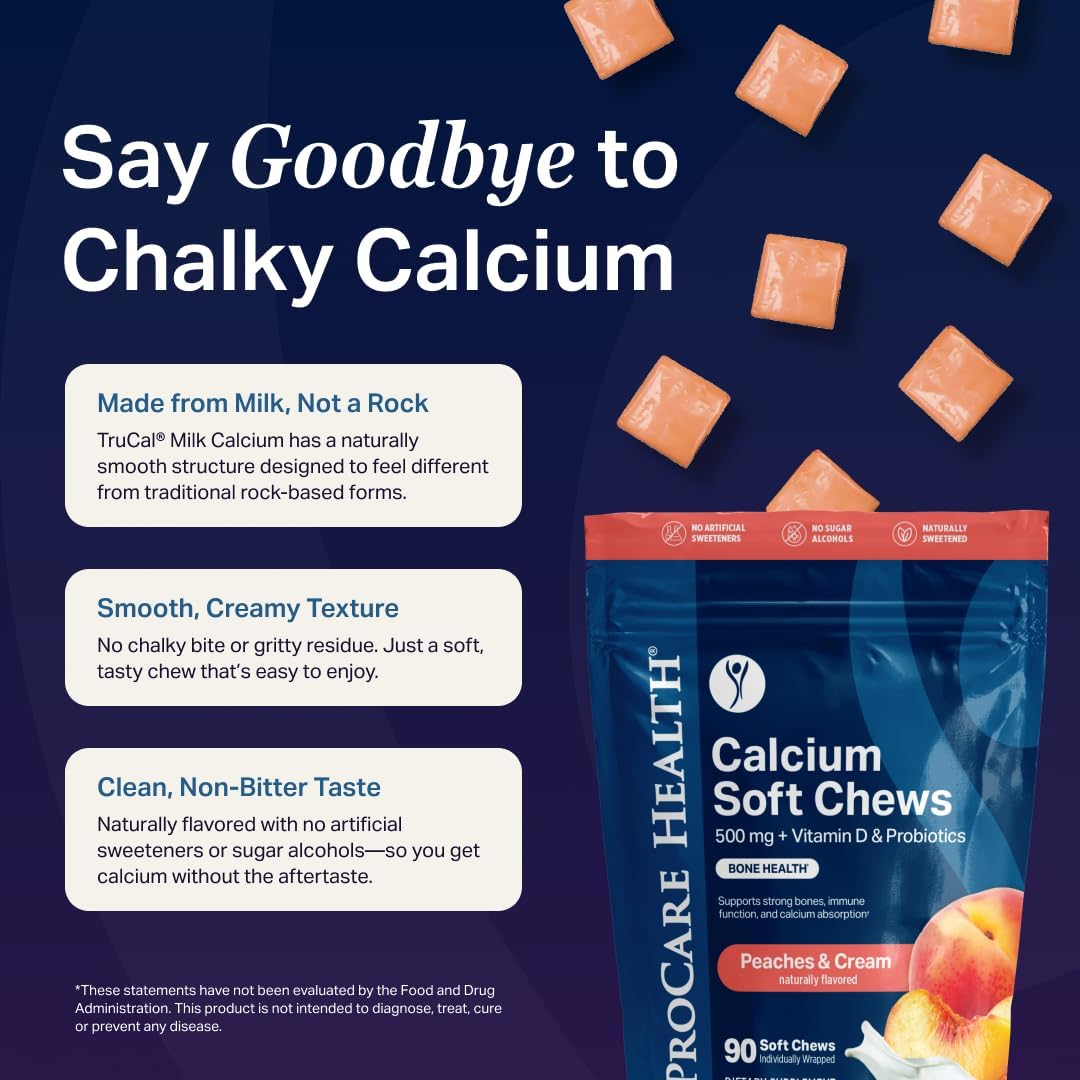 ProCare Health TruCal Calcium Soft Chews – Peaches & Cream Flavor | 500mg Calcium, 500 IU Vitamin D3, 500 Million CFU Probiotics | Bone & Digestive Support | 30 Count