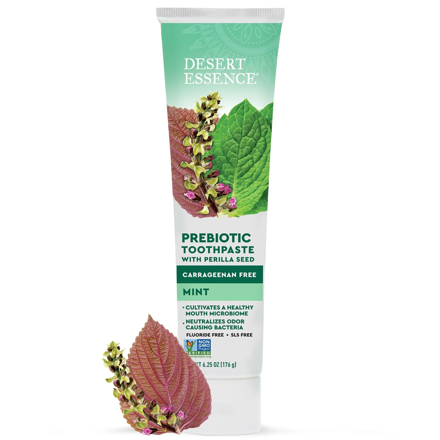 Desert Essence Prebiotic Plant-Based Whitening Toothpaste - Mint - Oral Care with Inulin, Perilla Seed & Aloe - Vegan, Fluoride Free, Non-GMO, Gluten-Free, Cruelty-Free - 6.25 oz