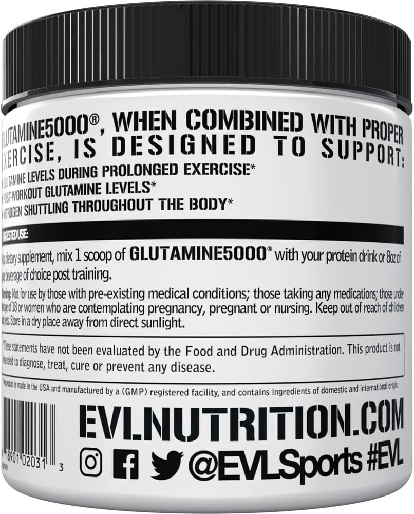 Pure Vegan L-Glutamine Powder Supplement - Evlution Nutrition Nitric Oxide Booster 5g L Glutamine Supplement for Post Workout Recovery Enhanced Pumps Gut Health Energy and Immunity - Unflavored
