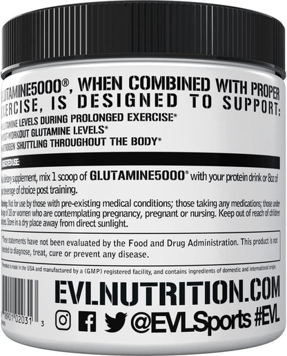 Pure Vegan L-Glutamine Powder Supplement - Evlution Nutrition Nitric Oxide Booster 5g L Glutamine Supplement for Post Workout Recovery Enhanced Pumps Gut Health Energy and Immunity - Unflavored