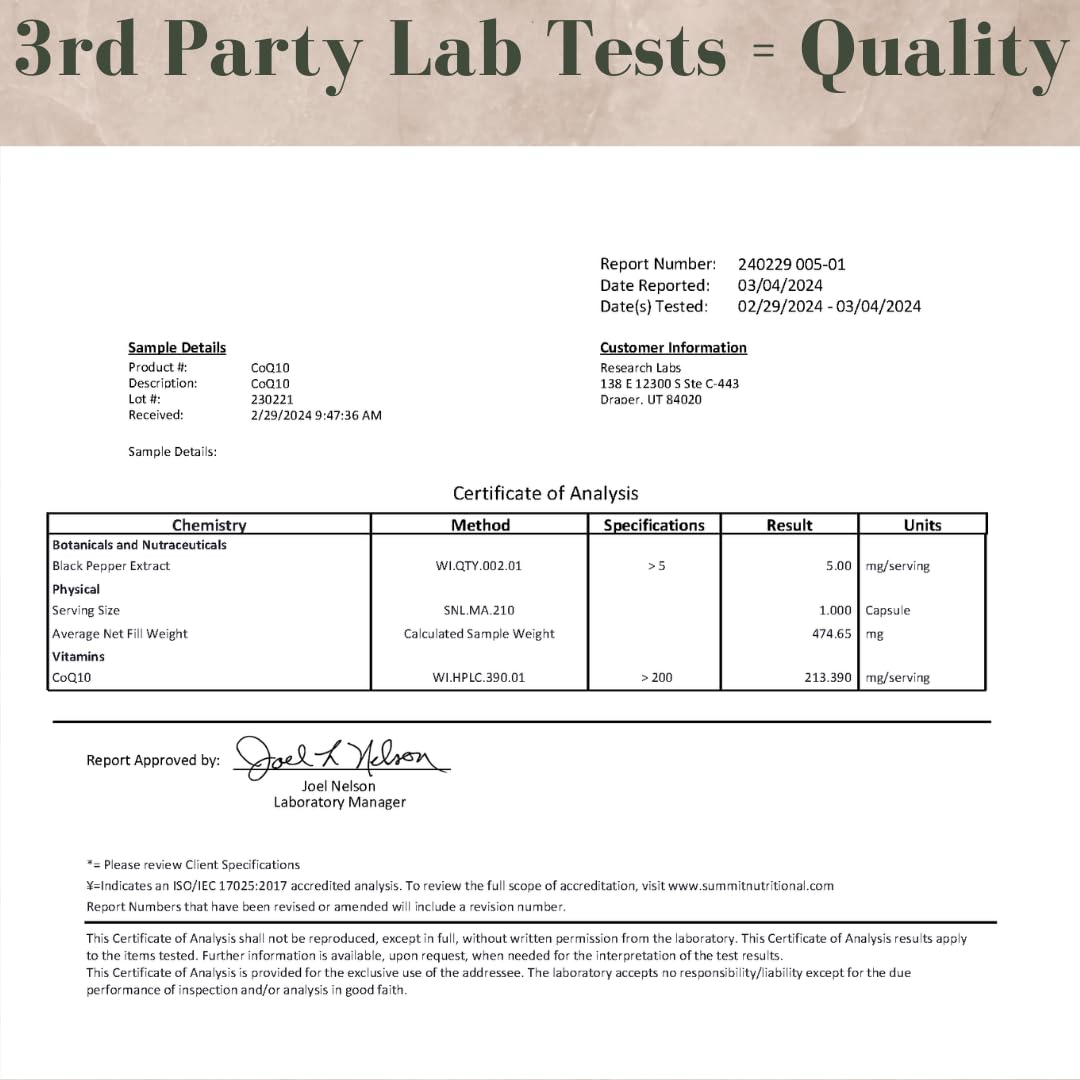 Research Labs 180 Softgels Advanced Absorption 200mg CoQ10 w/Black Pepper Extract. 2 for 1 Ad. Organic, Gluten Free, Heart Health Support, Energy Production, Antioxidant Supplement
