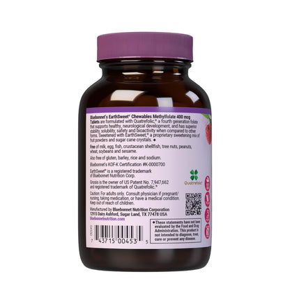 Bluebonnet EarthSweet Methylfolate 400 mcg Cellular Active Coenzyme 5-MTHF L Methyl Folate Supplement - Prenatal & Energy Support* - Non-GMO, Vegan, Gluten-Free - Raspberry - 90 Chewable Tablets