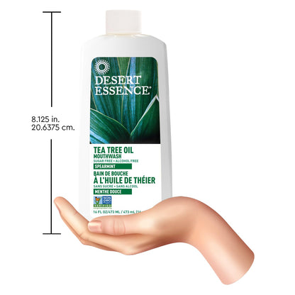 Desert Essence Tea Tree Oil Mouthwash, Spearmint, 16 fl oz - Alcohol Free, Sugar Free, Gluten Free, Vegan, Cruelty Free, Non-GMO - Aloe, Vitamin C & Spearmint Essential Oil - Healthy Teeth & Gums
