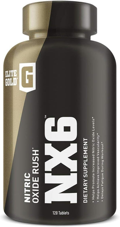 Elite Gold NX6 Nitric Oxide Rush, Pre Workout, Keto, Amino Energy, Beta Alanine, Optimum Nutrient Health, 120 Count Capsules