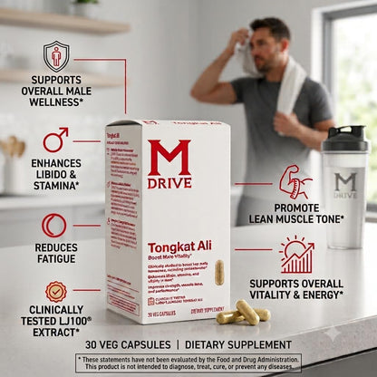 Mdrive Tongkat Ali LJ100 Longjack Mens Supplement 30 Veg Capsules | Boost Vitality Hormone Support Eurycoma Longifolia Extract Enhance Libido Stamina Muscle Tone Performance Non GMO Vegan