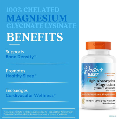 Doctor's Best High Absorption Magnesium Glycinate Lysinate Supplement for Sleep Support - Chelated Magnesium Capsules for Women & Men, 105 mg per Serving, Calm Support, Vegan - 120 Veg Caps