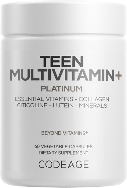 Codeage Teen Multivitamin+ Platinum Supplement - Vitamins A, C, D3, E, B6, B12, Minerals, Probiotics, Citicoline, Collagen, Bone Broth, Folate, Biotin, Lutein, Zeaxanthin - Non-GMO - 60 Capsules