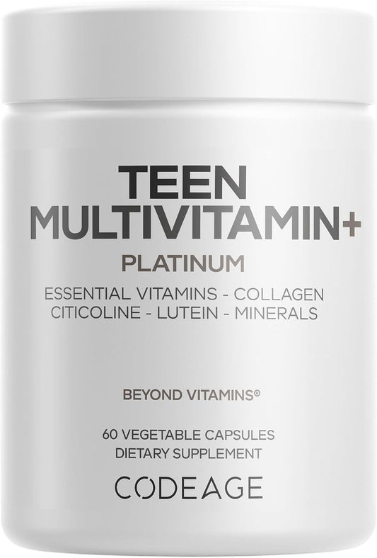 Codeage Teen Multivitamin+ Platinum Supplement - Vitamins A, C, D3, E, B6, B12, Minerals, Probiotics, Citicoline, Collagen, Bone Broth, Folate, Biotin, Lutein, Zeaxanthin - Non-GMO - 60 Capsules