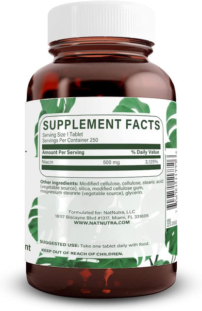 Natural Nutra Time-Release Slow Niacin 500mg (Vitamin B3), Support Healthy Cholesterol, Promotes Cardiovascular Health, Promotes Skin Cells and Improve Cognitive Function, 250 Vegan Tablets