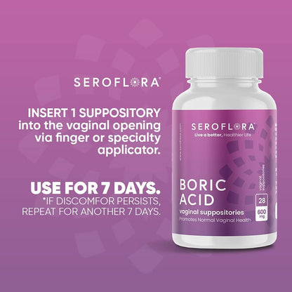 Seroflora Boric Acid Vaginal Suppositories 600 mg 28 Capsules - Boric Acid Pills for Women