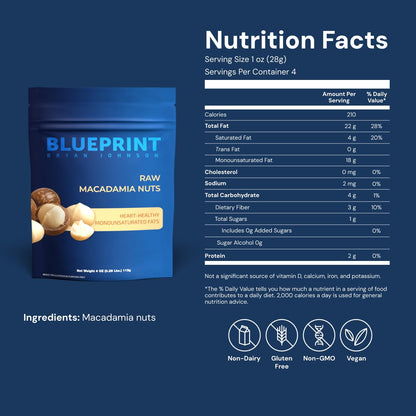 Blueprint Bryan Johnson Raw Macadamia Nuts - No Palm Oil - Keto and Low Carb Snack - No Added Sugar, Vegan, Non GMO, Keto and Paleo Friendly (4 Ounces) (Pack of 2)