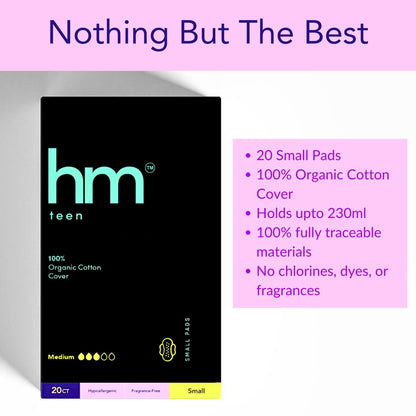 HM Teen | Pads for Teens | 100% Organic Cotton Pad Topsheet | Non Toxic Teen Pads with Wings