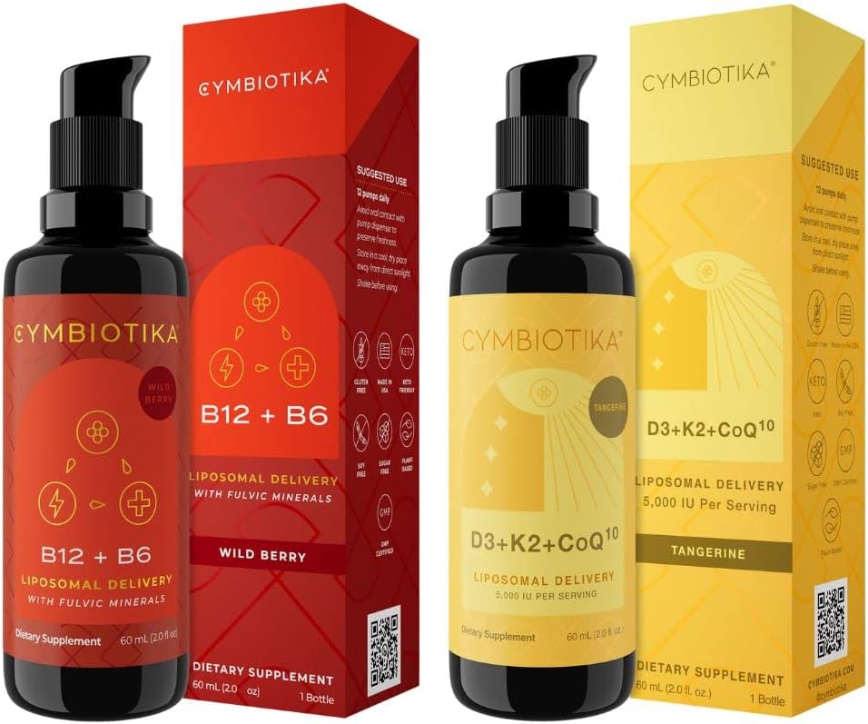CYMBIOTIKA Synergy Vitamin B12 & D3 + K2 + CoQ10, Liposomal Delivery for Enhanced Absorption, Energy Booster, Supports Mood & Cell Production, Immunity Support, and Heart Health