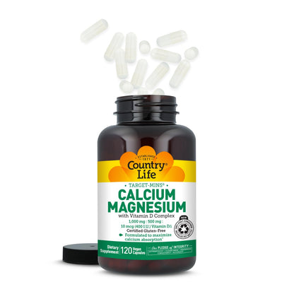 Country Life Target-Mins Calcium Magnesium with Vitamin D-Complex, 1000mg/500mg/10mcg, 240 Vegan Capsules, Certified Gluten Free, Certified Vegan