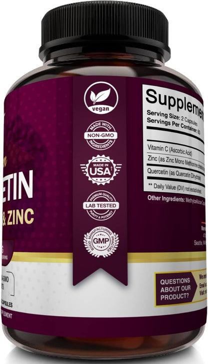 NutriFlair Quercetin 1200mg with Vitamin C and Zinc, 120 Capsules - All-Natural Supplement, Gluten-Free, Soy-Free, Non-GMO, Easy-to-Swallow, 2-Month Supply