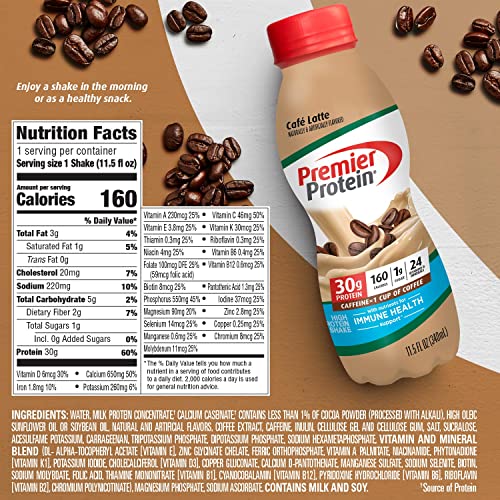 Premier Protein Shake, Café Latte Liquid, 30g Protein, 1g Sugar, 24 Vitamins & Minerals