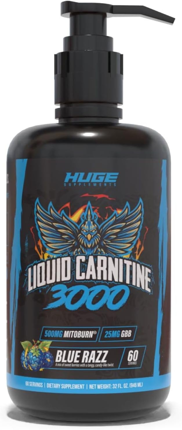 Huge Supplements Liquid L-Carnitine 3000, Superior Potency Infused with 500mg MitoBurn & 25mg GBB, Premium Stim-Free & Energy Boost, Convenient Pump Top, 32 Oz (60 Servings)