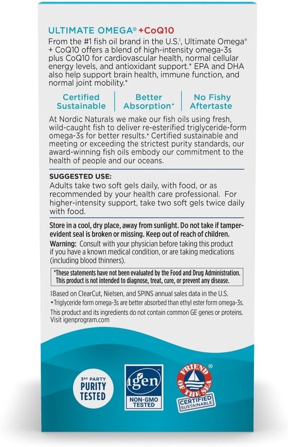 Nordic Naturals Ultimate Omega + CoQ10, Lemon Flavor - 120 Count | 1280mg Omega-3 + 100mg CoQ10 for heart health & cellular energy. Antioxidant. Non-GMO soft gels. 60 servings.