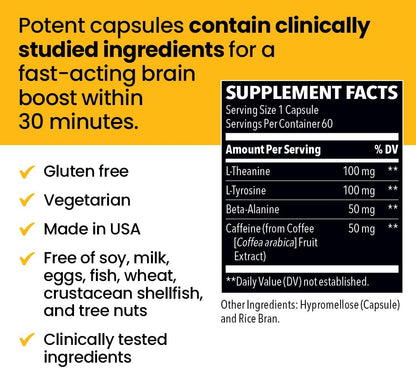 LifeSeasons NeuroQ - Quick Thinking Supplement Pills - Boosts Alertness + Supports Mental Focus - L-Theanine Caffeine L-Tyrosine & Beta-Alanine (60 Capsules)