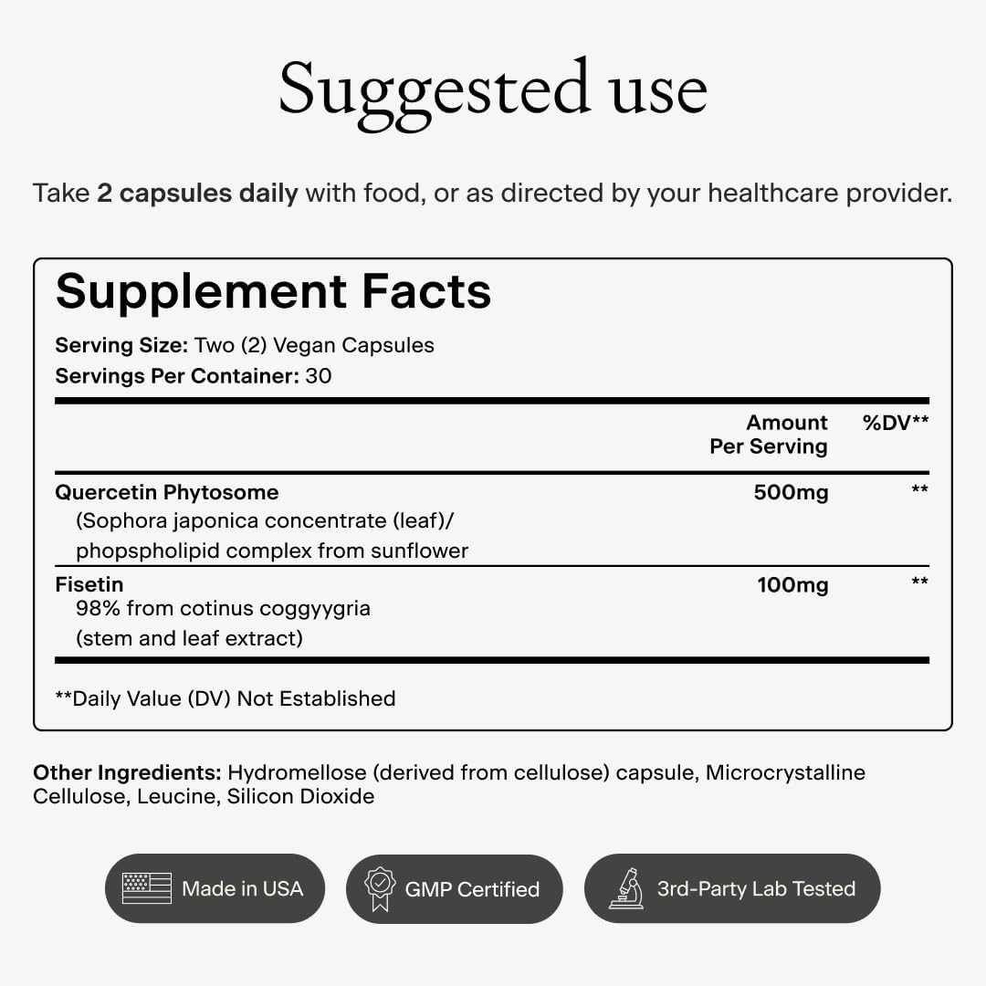 OMRE Quercetin and Fisetin Supplements - Third-Party Tested Senolytic Supplements for Aging Support - 500mg Quercetin Phytosome and 100mg Fisetin - Highly Bioavailable Forms