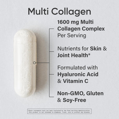 Sports Research® Multi Collagen Pills for Women & Men - Collagen Peptides (Type I, II, III, V, X) Enhanced with Hyaluronic Acid & Vitamin C - Gluten Free · Non-GMO - 90 Capsules