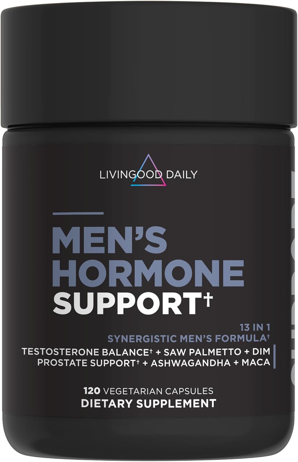 Livingood Daily Men's Hormone Support Supplement for Vitality & Balance, 14-in-1 Testosterone Booster for Men with Ashwagandha, Maca, DIM, Zinc, Saw Palmetto, Vitamin B12 & More, Vegan, 120 Capsules