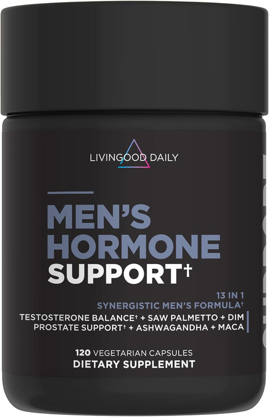 Livingood Daily Men's Hormone Support Supplement for Vitality & Balance, 14-in-1 Testosterone Booster for Men with Ashwagandha, Maca, DIM, Zinc, Saw Palmetto, Vitamin B12 & More, Vegan, 120 Capsules