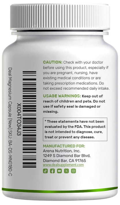 Deal Supplement Magnesium Glycinate 500mg, 240 Veggie Capsules | 100% Chelated for Easy Absorption | Essential Mineral Supplement | Non-GMO, Gluten-Free