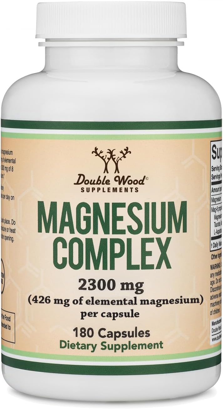 Magnesium Complex Supplement 180 Capsules (426mg Elemental Magnesium Provided by 2,300mg of Eight Different Forms of Magnesium) MAG-8 Provides 100% Daily Recommended Value of Magnesium by Double Wood