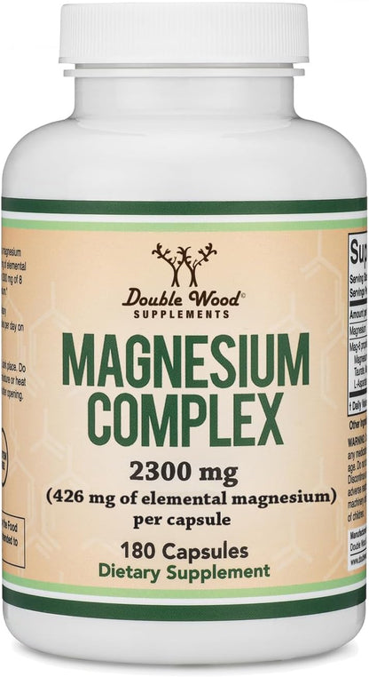 Magnesium Complex Supplement 180 Capsules (426mg Elemental Magnesium Provided by 2,300mg of Eight Different Forms of Magnesium) MAG-8 Provides 100% Daily Recommended Value of Magnesium by Double Wood