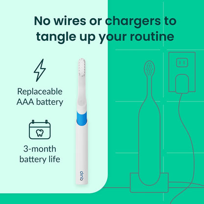 Quip Sonic Toothbrush for Adults with Replacement Heads 3 Pack Product Bundle - Includes Travel Cover Mount - Electric, Soft, Plastic Handle, 3 Month Battery Life - Blue