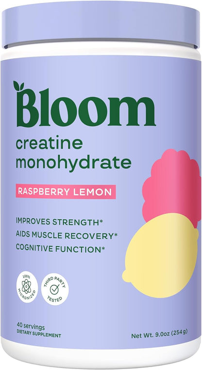 Bloom Nutrition Creatine Monohydrate Powder, Raspberry Lemon, 40 Servings | 5g Micronized Creatine, Supports Muscle Recovery, Strength, Endurance, Pre or Post Workout, Gluten Free, Non GMO