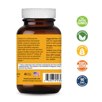 Breast D by Pure Essence - Natural Supplement for Estrogen Balance, Hormonal Acne, and Menopause Support with Vitamin D3, Calcium, Green Tea & Lycopene - 30 Capsules