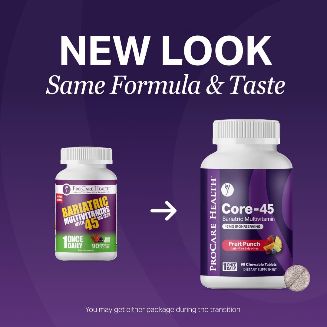 Core-45 Bariatric Multivitamin | Fruit Punch | Chewable | 90ct | Once Daily Bariatric Multivitamin with Iron 45mg Chewable Tablets for Gastric Bypass, Sleeve & Post-Op Support - Made in USA