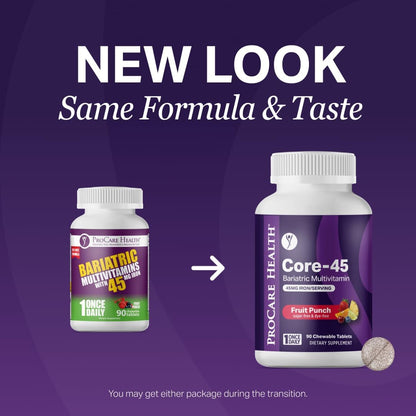 Core-45 Bariatric Multivitamin | Fruit Punch | Chewable | 90ct | Once Daily Bariatric Multivitamin with Iron 45mg Chewable Tablets for Gastric Bypass, Sleeve & Post-Op Support - Made in USA