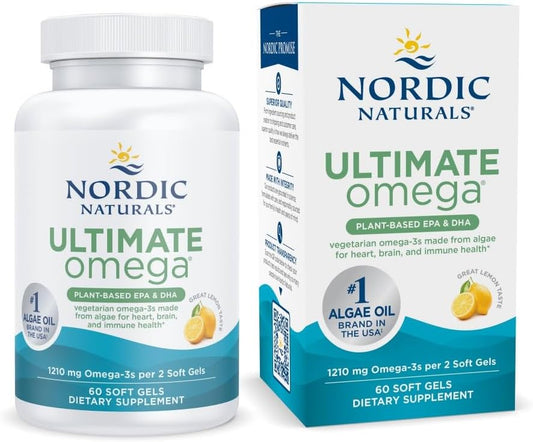 Nordic Naturals Vegan Omega-3, Algae-Based - 1210mg EPA+DHA - 60 Soft Gels | Plant-Based EPA & DHA. Brain & Heart Support. Lemon Flavor. Made from Algae. Non-GMO. Vegan. 30 Servings.