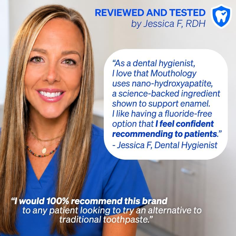 Mouthology 10% Nano Hydroxyapatite Toothpaste Fluoride Free, Whitening*, Rod Shaped nHA, Xylitol Toothpaste for Adults, Enamel Care*, Sensitive Teeth*, SLS Free, Mint 4oz (USA Made) Package May Vary