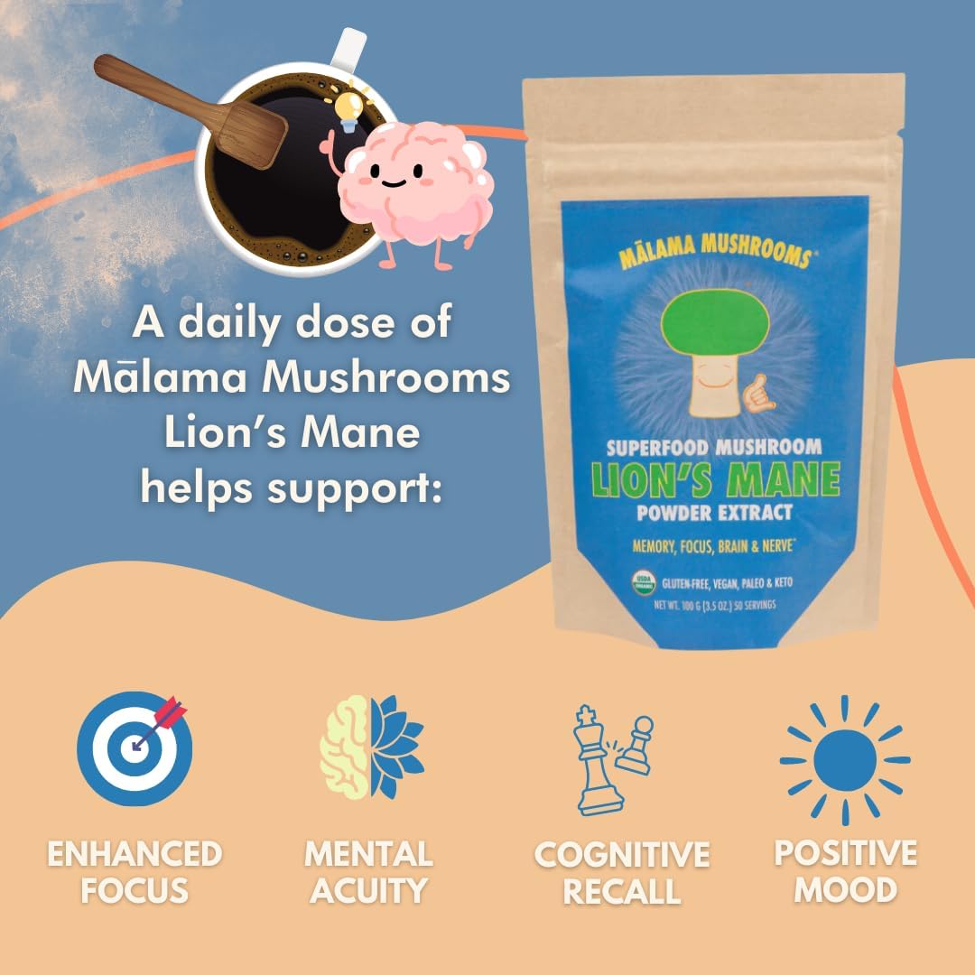 Malama All-Day Vitality Bundle – Lion’s Mane, Cordyceps & Reishi Mushroom Extract Powders – Organic Adaptogenic Superfood Trio for Focus, Energy & Relaxation – Vegan Supplements 3.5 oz (3-Pack)