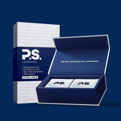 PS Condoms Exceptionally Thin Latex Condoms, Clean & Odorless, 12 Pack | Individually tested, 0.045 mm natural rubber, 40% thinner, lubricated, vegan, and free of PFAS, gluten, glycerin and parabens