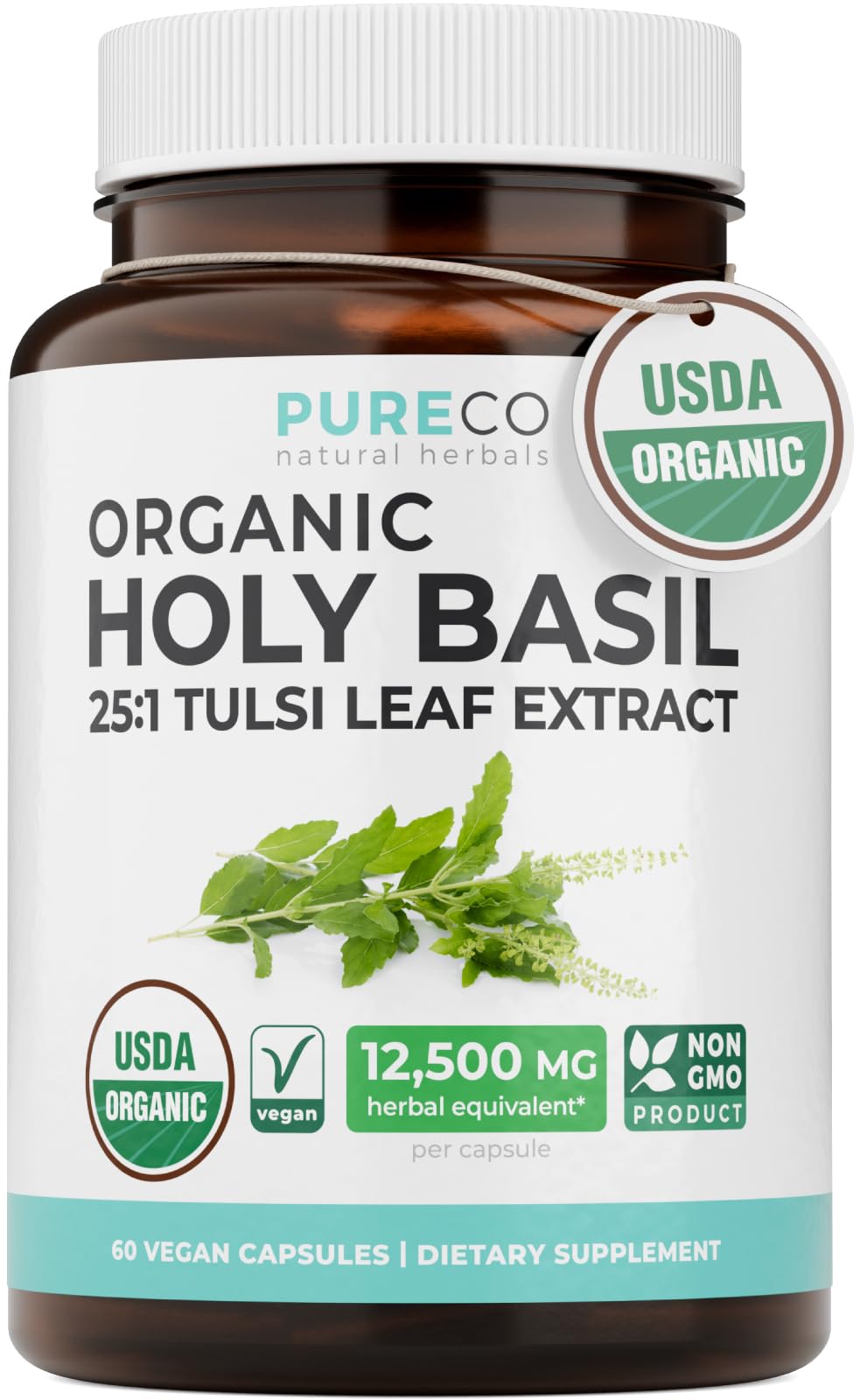 PURE CO USDA Organic Holy Basil Supplement – High Potency Organic Holy Basil 500mg 25:1 Extract 1 Capsule Per Serving – High Strength Tulsi Extract – 60 Vegan Capsules – Non-GMO & Made in USA