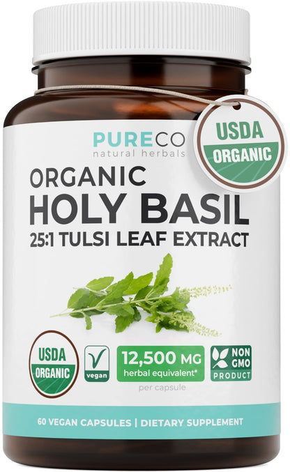 PURE CO USDA Organic Holy Basil Supplement – High Potency Organic Holy Basil 500mg 25:1 Extract 1 Capsule Per Serving – High Strength Tulsi Extract – 60 Vegan Capsules – Non-GMO & Made in USA