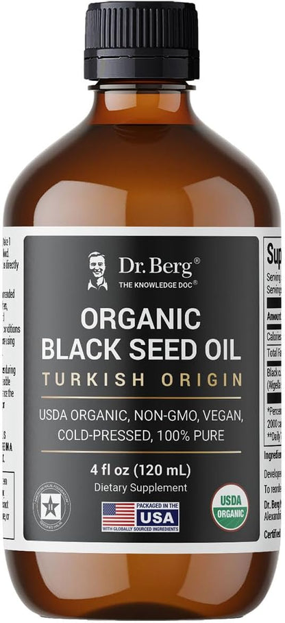 Dr. Berg Black Seed Oil Organic Cold Pressed – Pure Nigella Sativa Black Cumin Oil – USDA Organic, Halal, Vegan – for Hair, Skin, Immune Support – Unrefined Liquid – 4 oz Glass Bottle