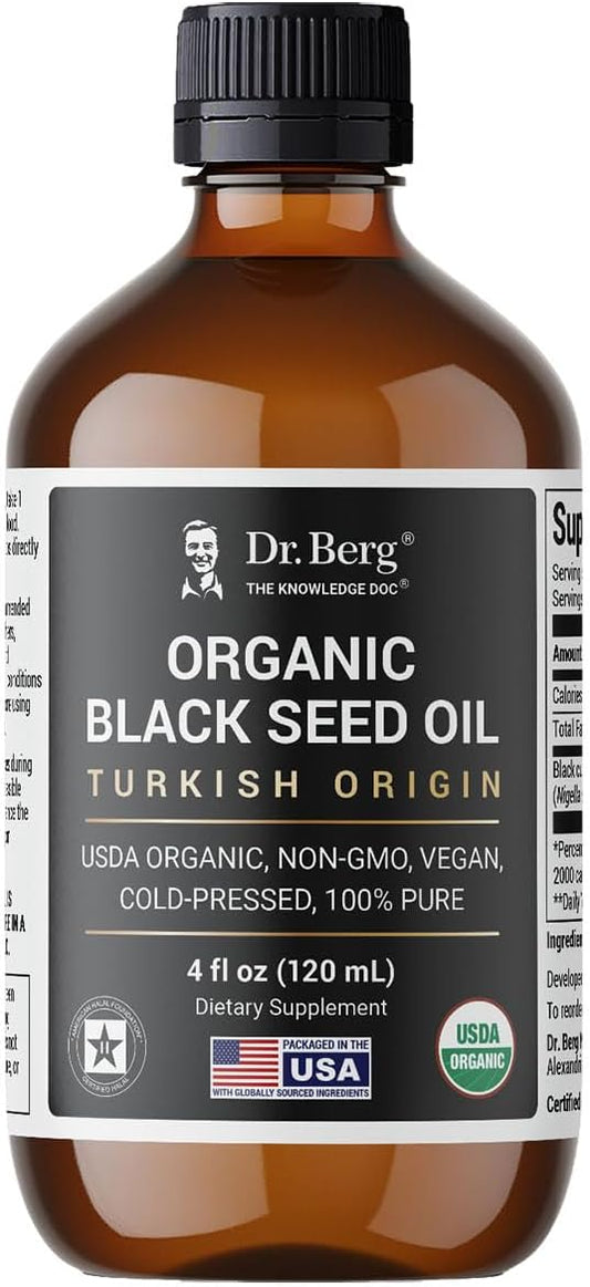 Dr. Berg Black Seed Oil Organic Cold Pressed – Pure Nigella Sativa Black Cumin Oil – USDA Organic, Halal, Vegan – for Hair, Skin, Immune Support – Unrefined Liquid – 4 oz Glass Bottle