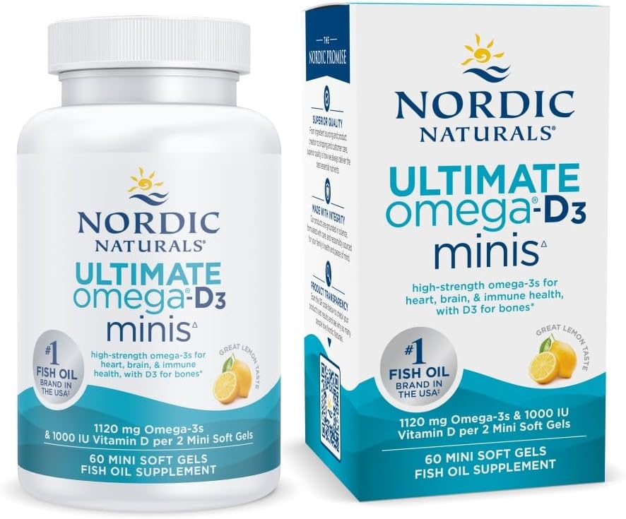 Nordic Naturals Ultimate Omega 2X Mini D3, 1120mg+1000IU, Lemon - 60 Count | Ultimate Omega mini soft gels with 1120mg EPA+DHA + 1000 IU D3. Supports brain, heart, bone & immune health. Lemon, 60ct