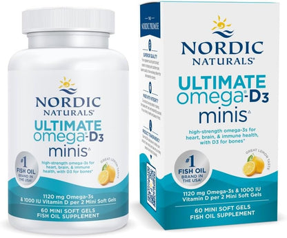Nordic Naturals Ultimate Omega 2X Mini D3, 1120mg+1000IU, Lemon - 60 Count | Ultimate Omega mini soft gels with 1120mg EPA+DHA + 1000 IU D3. Supports brain, heart, bone & immune health. Lemon, 60ct