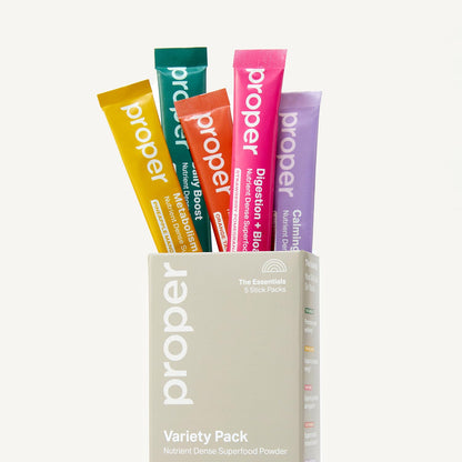 Proper The Essentials Super Foods Powder 5-Stick Variety Pack - Super Greens, Gut Health, Metabolism & Energy, Calm Magnesium Powder & Immune Support Supplement Packs
