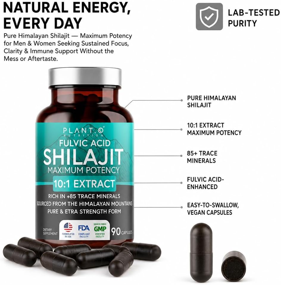 Natural Himalayan Shilajit Capsules - 10:1 Extract Maximum Potency | Fulvic Acid + 85 Trace Minerals | Energy Boost, Immune Support, Cognitive Function | 90 Veggie Pills for Men & Women