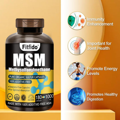 MSM Capsules 1000mg, 99.9% Pure Organic Sulfur, 180 Count | Joint Support, Hair Skin & Nails, Stearate-Free, No Fillers, Daily Wellness, Third-Party Tested, Non-GMO, Gluten Free